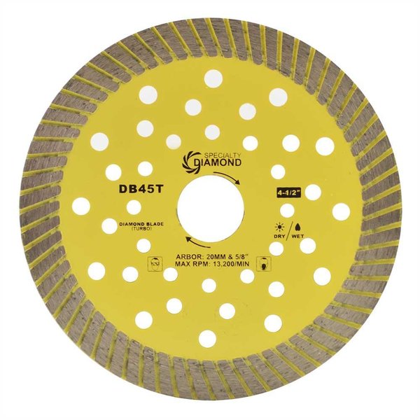 Specialty Diamond 4-1/2 Inch High Performance General Purpose Dry or Wet Cutting Turbo Diamond Blade DB45T